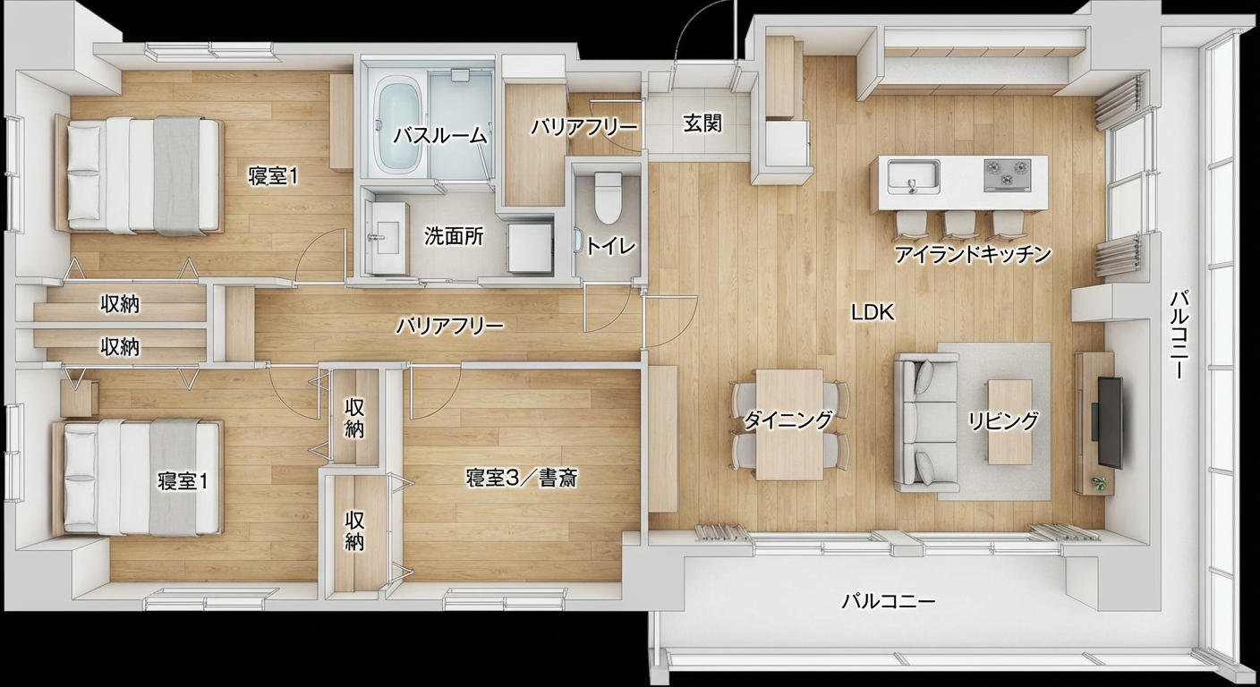 「マンションの3LDKの間取り図、平面図、上から見た視点、モダンなインテリアデザイン、フローリングの床、右側に広いLDK、左側に独立した3室、各部屋に収納スペースあり、アイランドキッチン、バスルーム・洗面所、トイレは独立、バルコニー付き、バリアフリー、清潔感のある配色、建築用レンダリング」