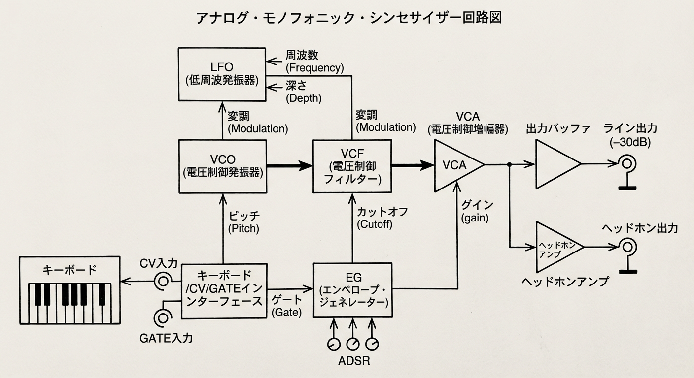 「アナログシンセサイザーの回路図、モノフォニック、LFOモジュレーション、鍵盤あり、CV/Gate入力あり、出力は-30dBライン出力とヘッドホン出力、教科書のようなわかりやすい図版」