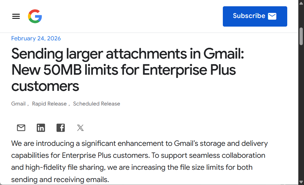 「Gmail」で送受信できる添付ファイルの容量制限が緩和