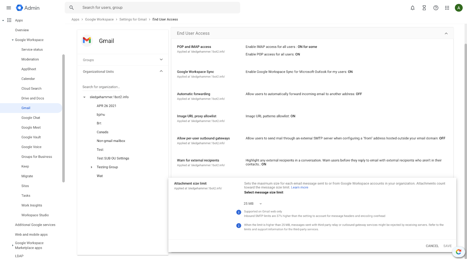 「Google Workspace」の管理者は添付ファイルの容量制限を変更できる。