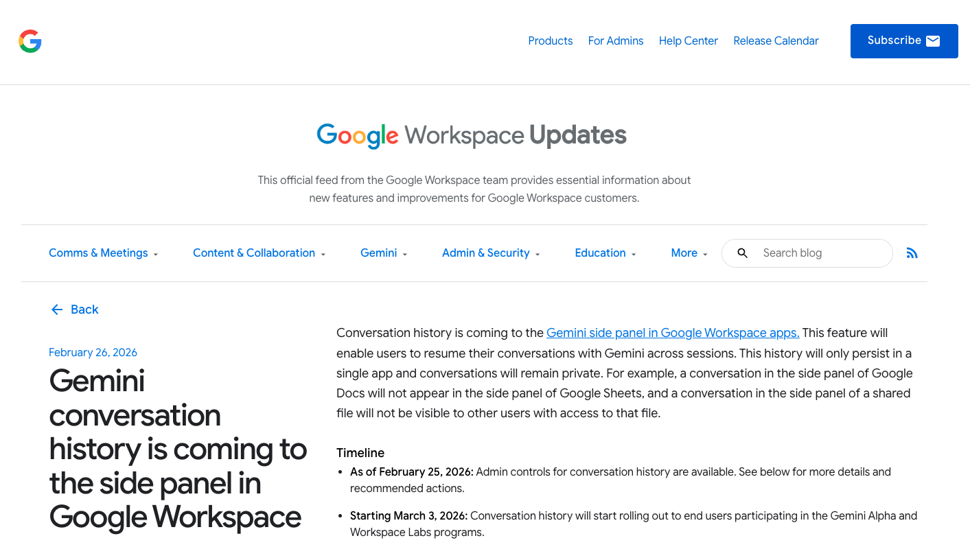 「Google Workspace」アプリの「Gemini」サイドパネルで会話履歴を残せるように