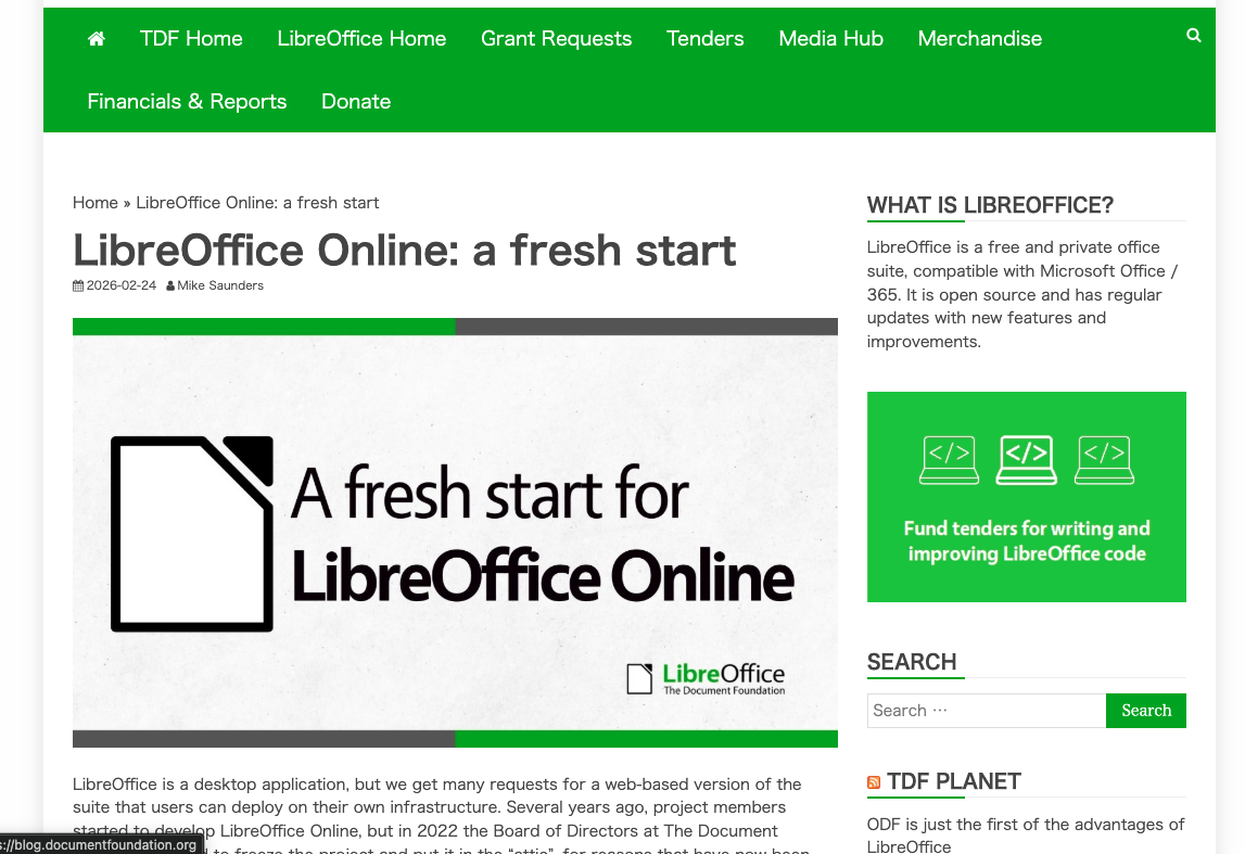 「LibreOffice」のウェブ版「LibreOffice Online」が開発を再開