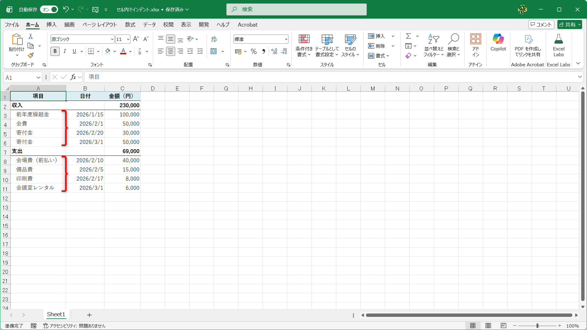 収支報告書の例。「収入」の下に「会費」や「寄付金」、支出の下に「会場費」や「印刷費」などがぶら下がっていることを表現しています