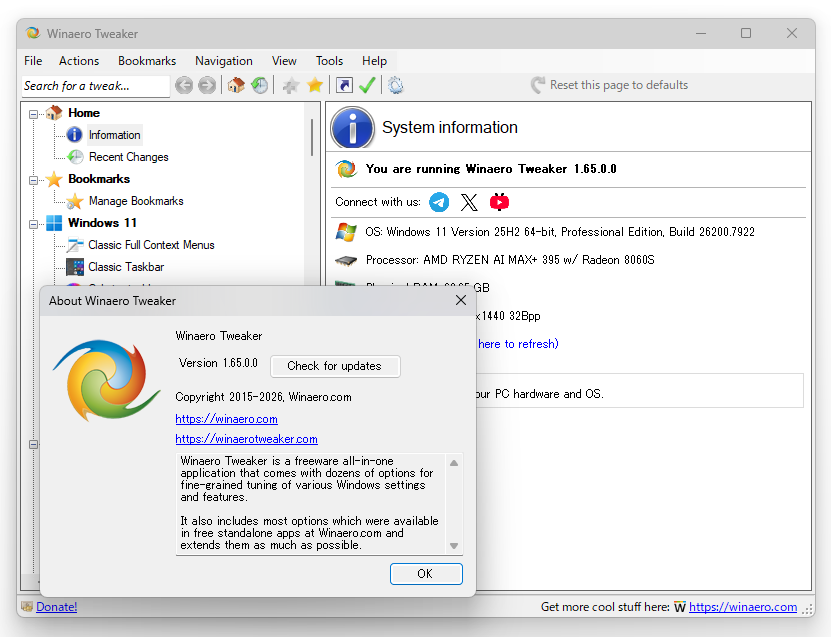 「Winaero Tweaker」v1.65