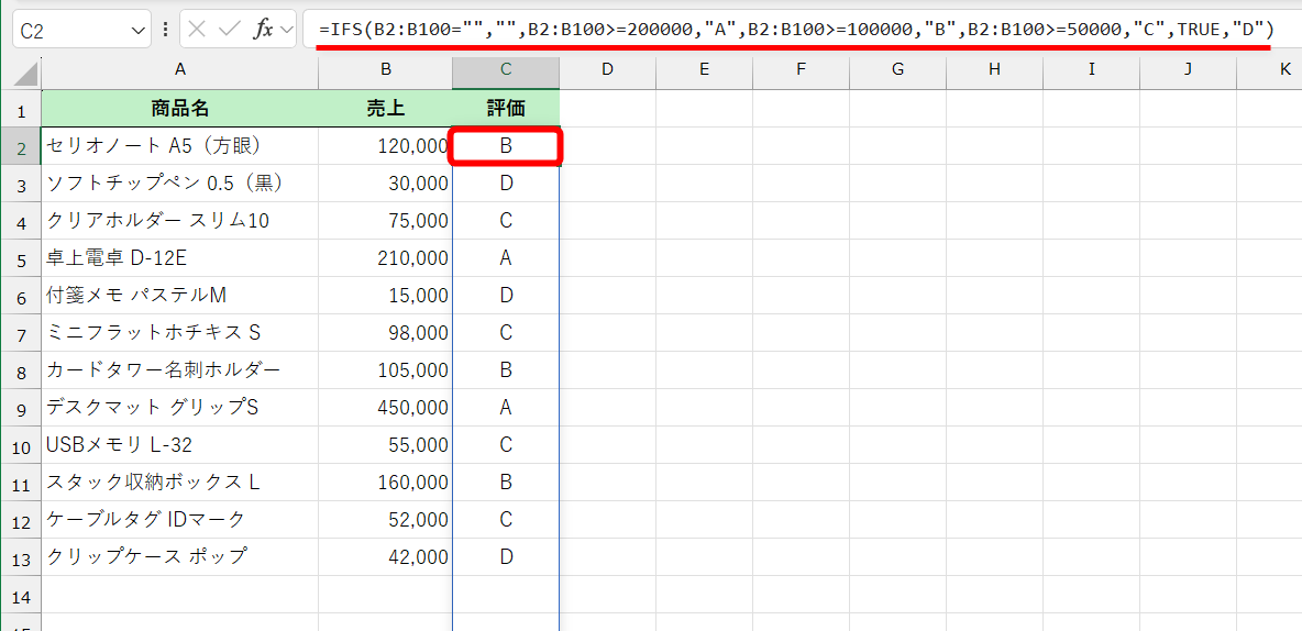 スピルを使って結果を表示した例。元となるセルC2の数式が消されてしまうと、セルC3以降の結果も消えてしまう
