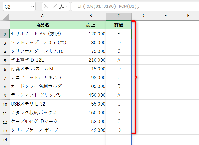 1行目の見出しには「評価」と表示され、2行目以降には評価が表示された