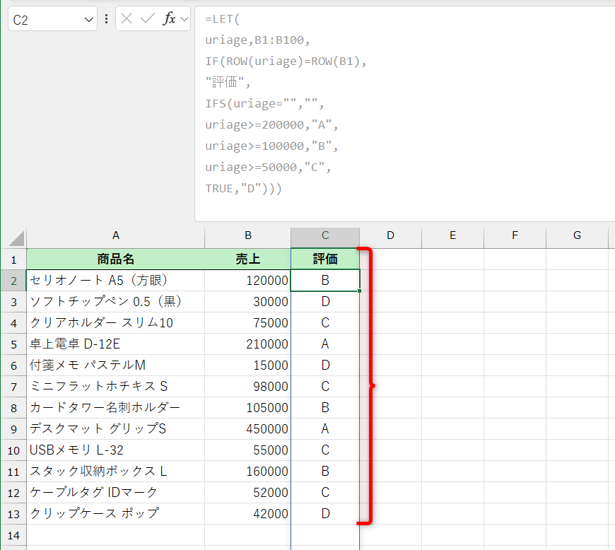 1行目の見出しには「評価」と表示され、2行目以降には評価が表示された