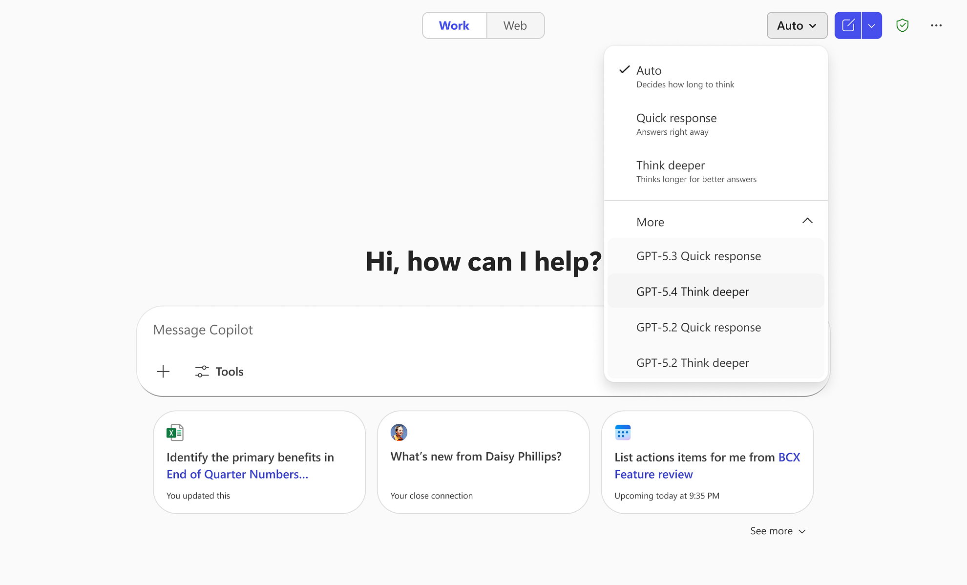 選択ドロップダウンリストの［More］を展開することで「GPT-5.4 Thinking」を利用可能