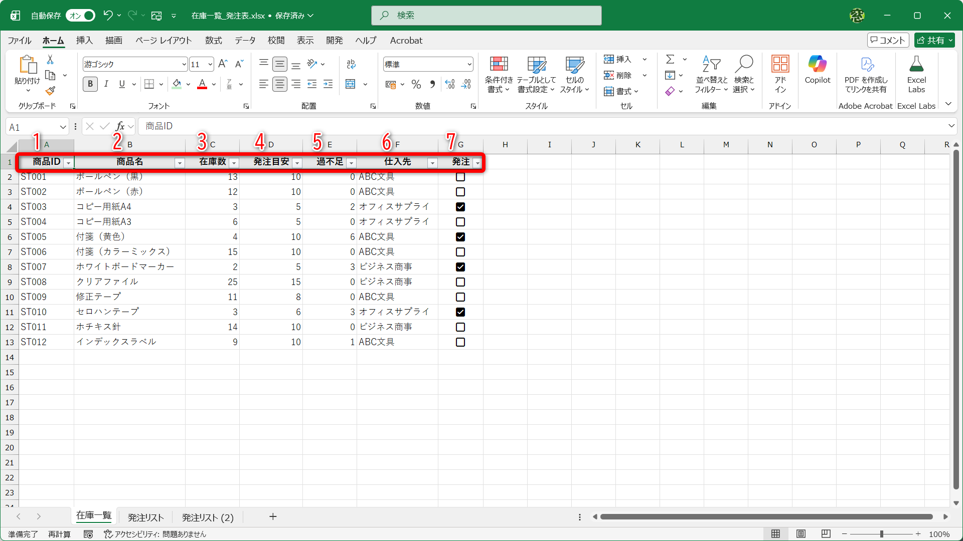 A列は「1」、B列は「2」、C列は「3」……となります。今回は「商品ID」「商品名」「過不足」（発注数に該当）「仕入先」が必要なので、引数［列番号］には「1,2,5,6」と指定します
