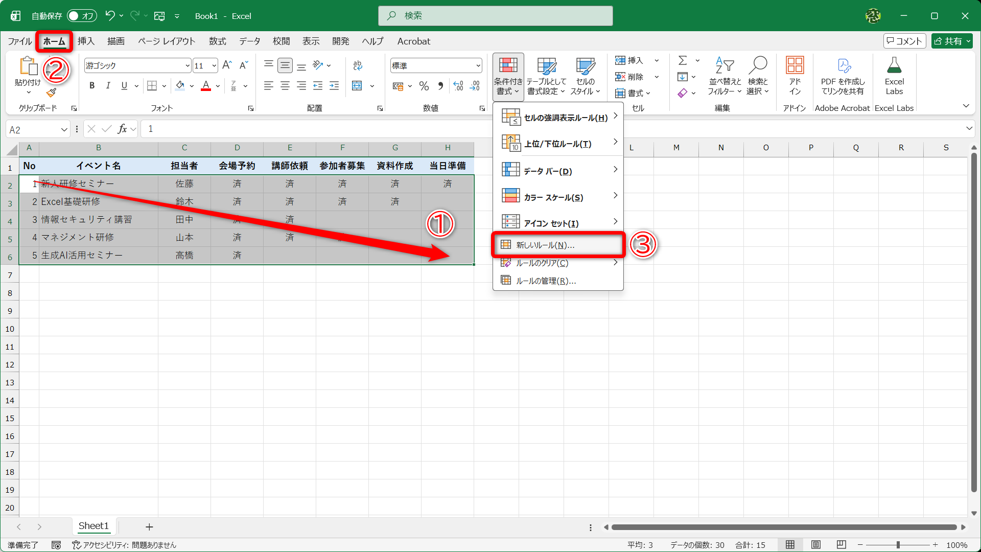条件付き書式を設定するセル範囲を選択しておきます（①）。［ホーム］タブ（②）にある［条件付き書式］－［新しいルール］（③）をクリックします
