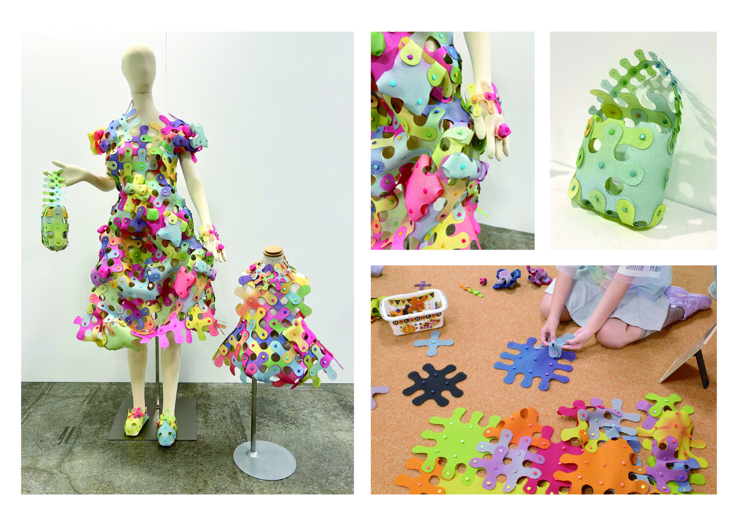 「成安造形大学 デジタルクリエーションオープンラボ」の布パーツをブロックのように組み合わせて衣服や小物・かばんなどを作る「Up-2」