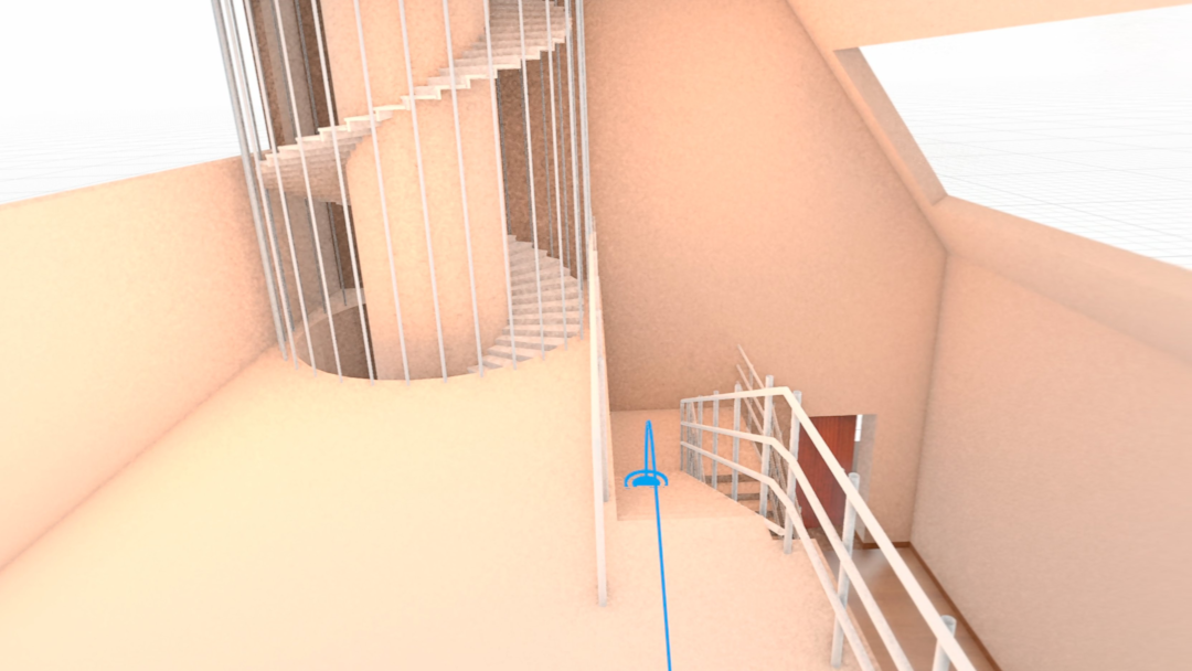 VR Scene Inspectionのテレポート放物線（中央右）。壁のように通り抜けられない場所では赤く表示される