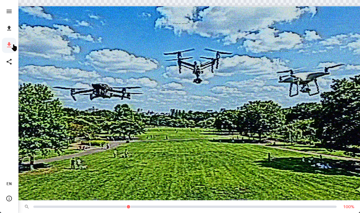 テレビの映像をVHSなどのビデオテープに録画したものを、ネット黎明期のPCで取り込んだように、現代の画像ファイルを劣化させられる