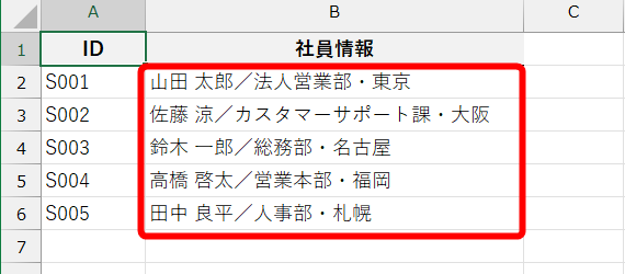 1つのセルに複数の情報が入力されている例