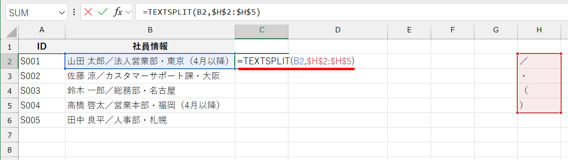 セルC2に「=TEXTSPLIT(B2,$H$2:$H$5)」と入力する。「$H$2:$H$5」は区切り記号のリストのセル範囲の意味。絶対参照で指定しておく