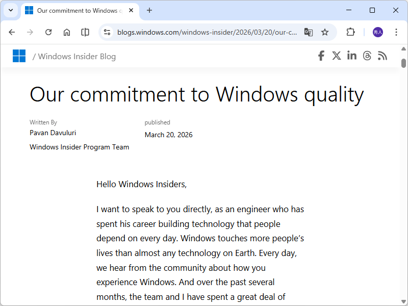 公式ブログ「Windows Insider Blog」におけるアナウンス