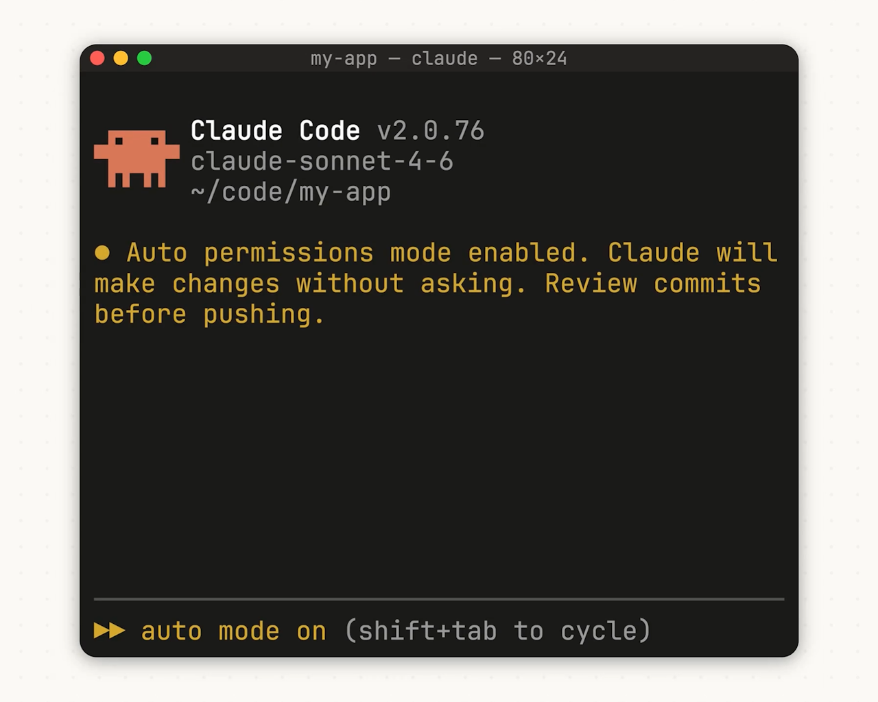 「Claude Code」を「--enable-auto-mode」オプション付きで起動。［Shift］＋［Tab］キーでモードの切り替え