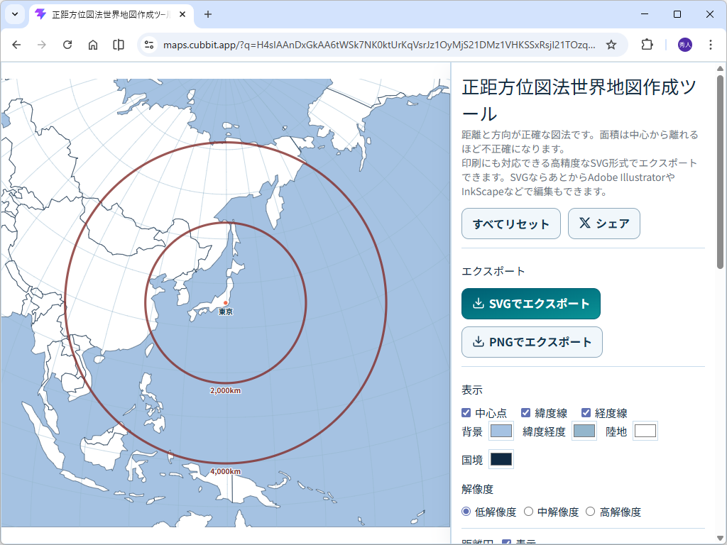 日経新聞のために即日開発された「正距方位図法世界地図作成ツール」