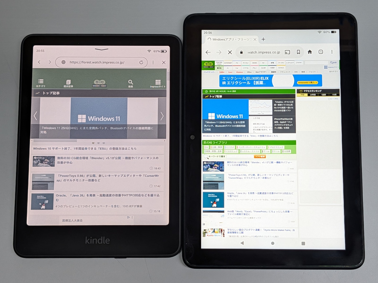 ブラウザはKindle、Fireともに搭載するが、KindleはあくまでもWebサイトを表示できるというだけで読み込みも遅く実用性は低い