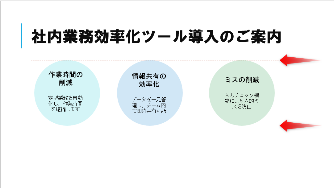 図形やテキストボックスのドラッグ中はガイド線（赤い点線）が表示されて便利。ただし、1つずつ図形をドラッグして揃えるのは効率が悪い