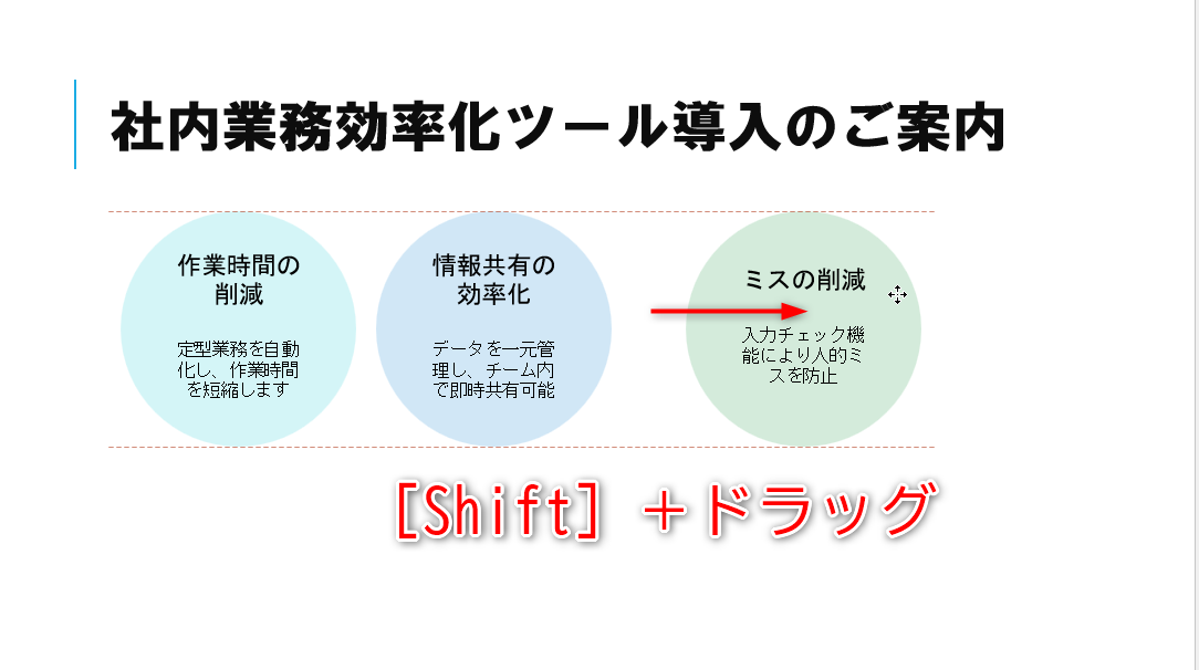図形やテキストボックスを選択して、［Shift］キーを押しながらドラッグすると、上下または左右に直線的に移動できる