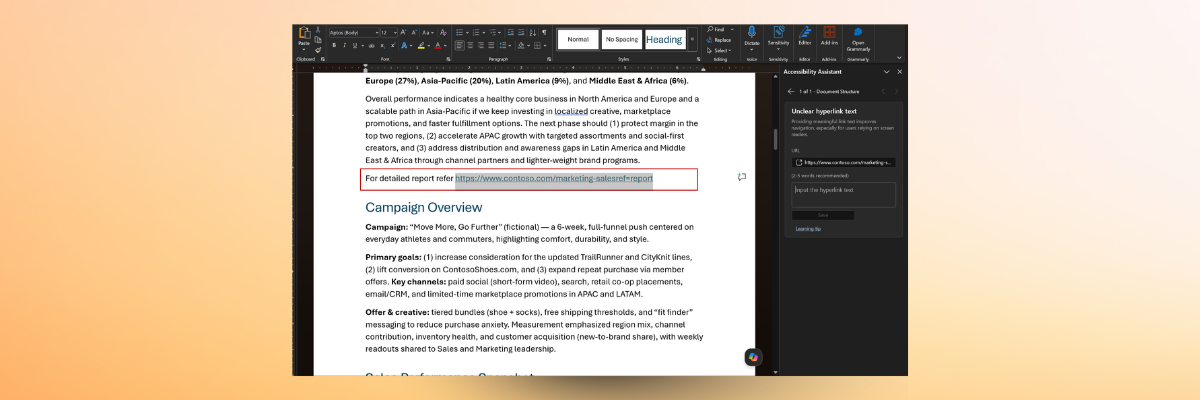 「Word」「Excel」のアクセシビリティ機能で意味不明なリンクを警告可能に