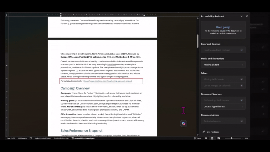 ハイパーリンクにアクセシビリティの問題がある場合、問題のあるリンクが一覧表示される。
