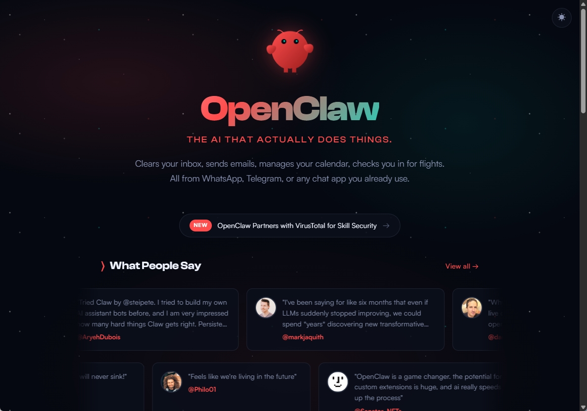 OpenClawの公式サイト。上部の赤いマスコットキャラクターがロブスターだ