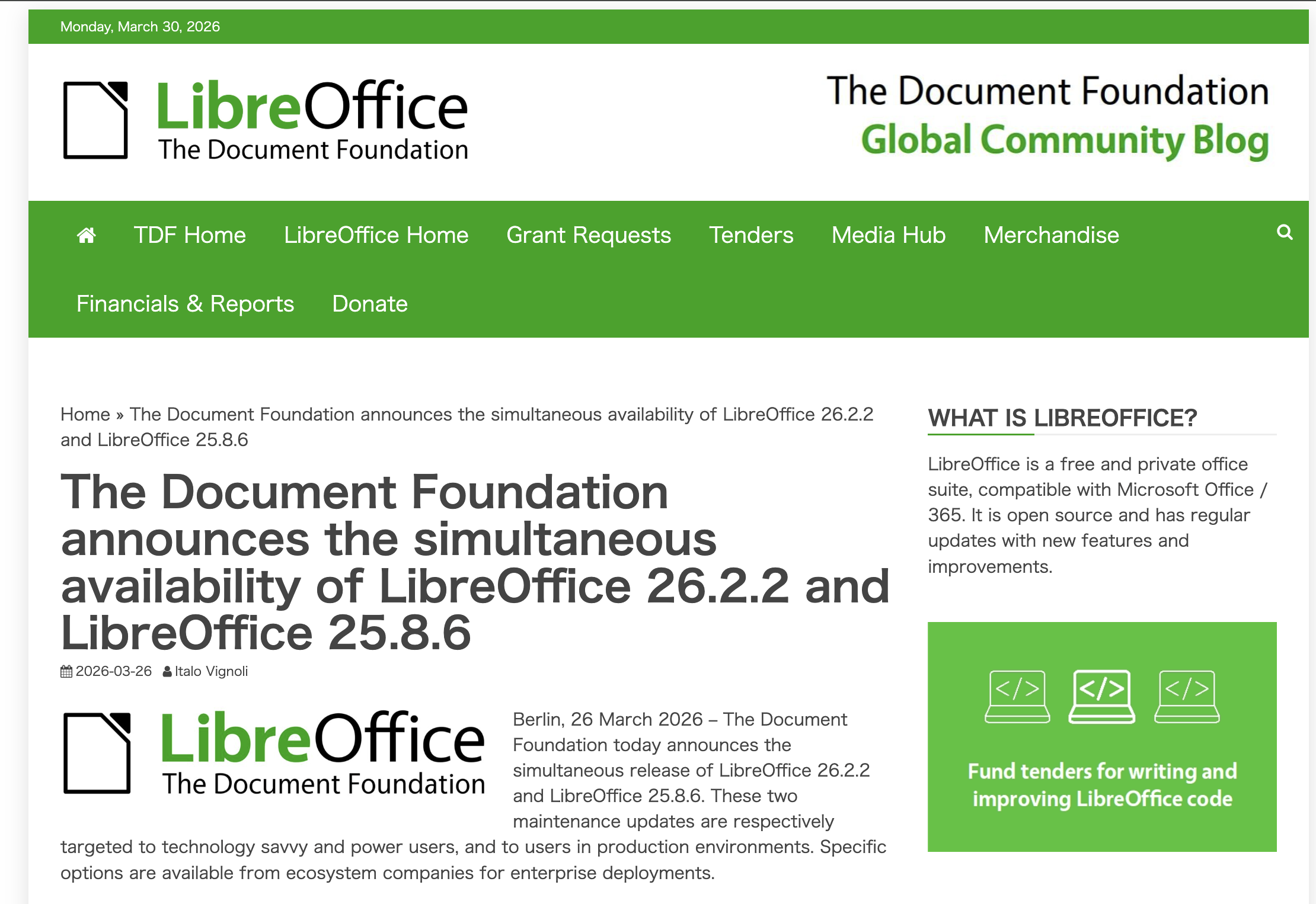 「LibreOffice 26.2.2」「LibreOffice 25.8.6」を公開