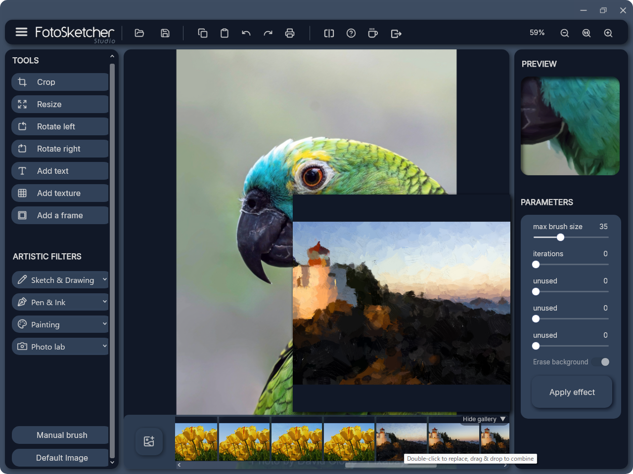 履歴ギャラリー（History Gallery）。編集画面の下部から展開できる