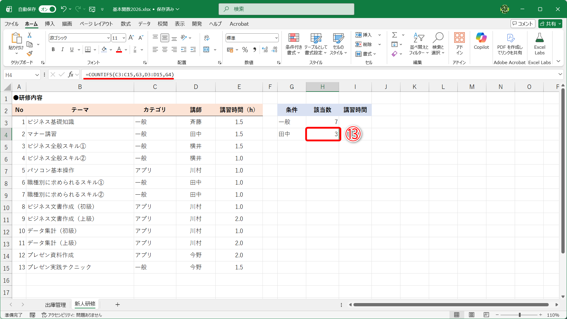 複数条件として、カテゴリが「一般」かつ、講師が「田中」の行を数えています（⑬）。なお、講師が「田中」または「今野」の行を数える場合は、「+」でCOUNTIFS関数の数式を足し合わせます