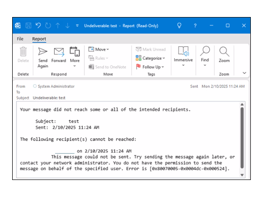 表示される配信不能レポート（NDR）