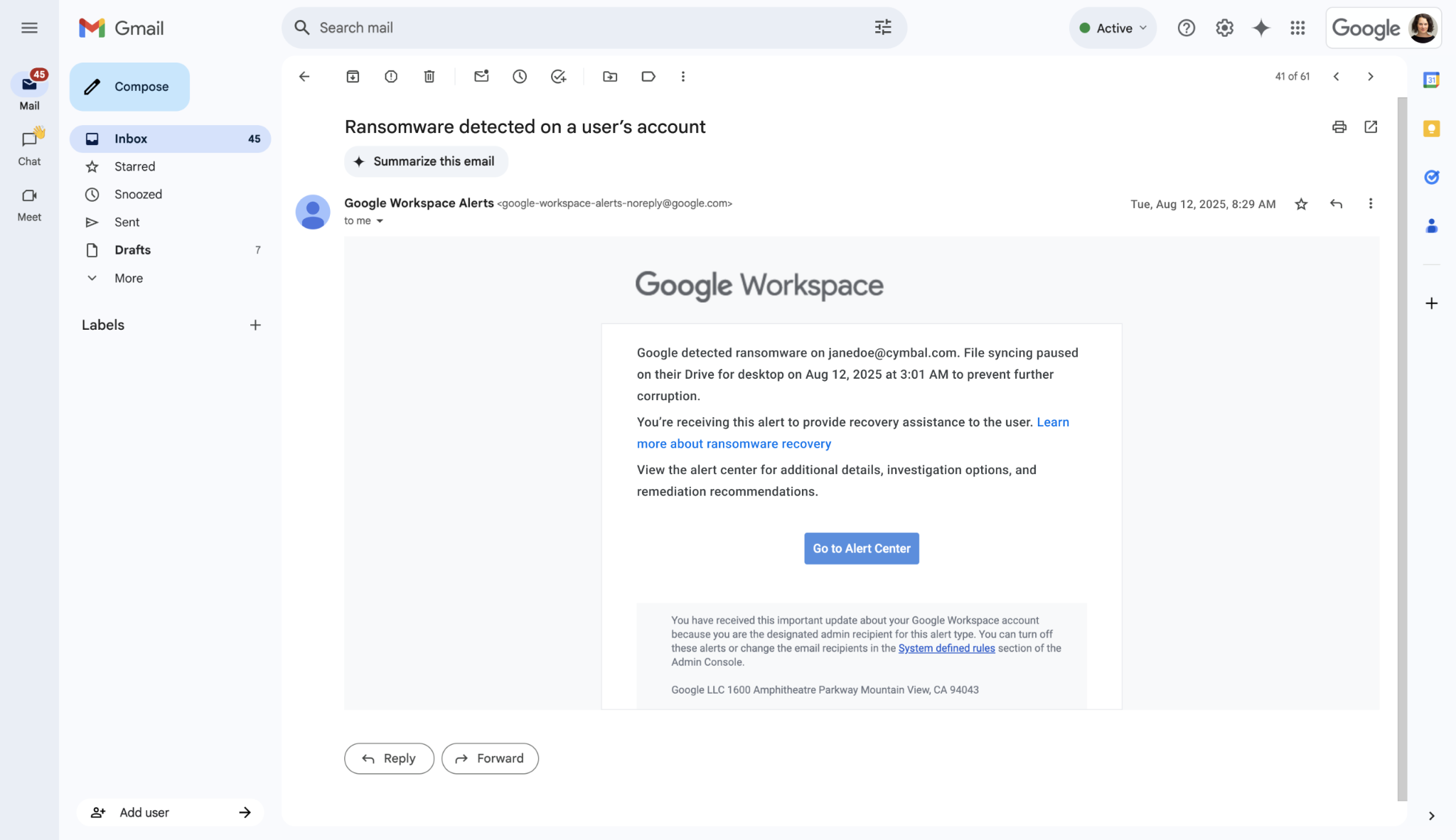 ランサムウェアの可能性が検出された場合、管理者とユーザーにメールが送信される