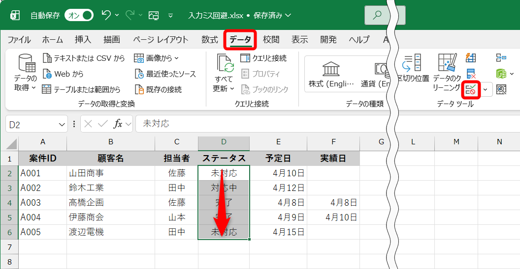 入力規則を設定するセル範囲を選択しておく。［データ］タブにある［データの入力規則］をクリックする