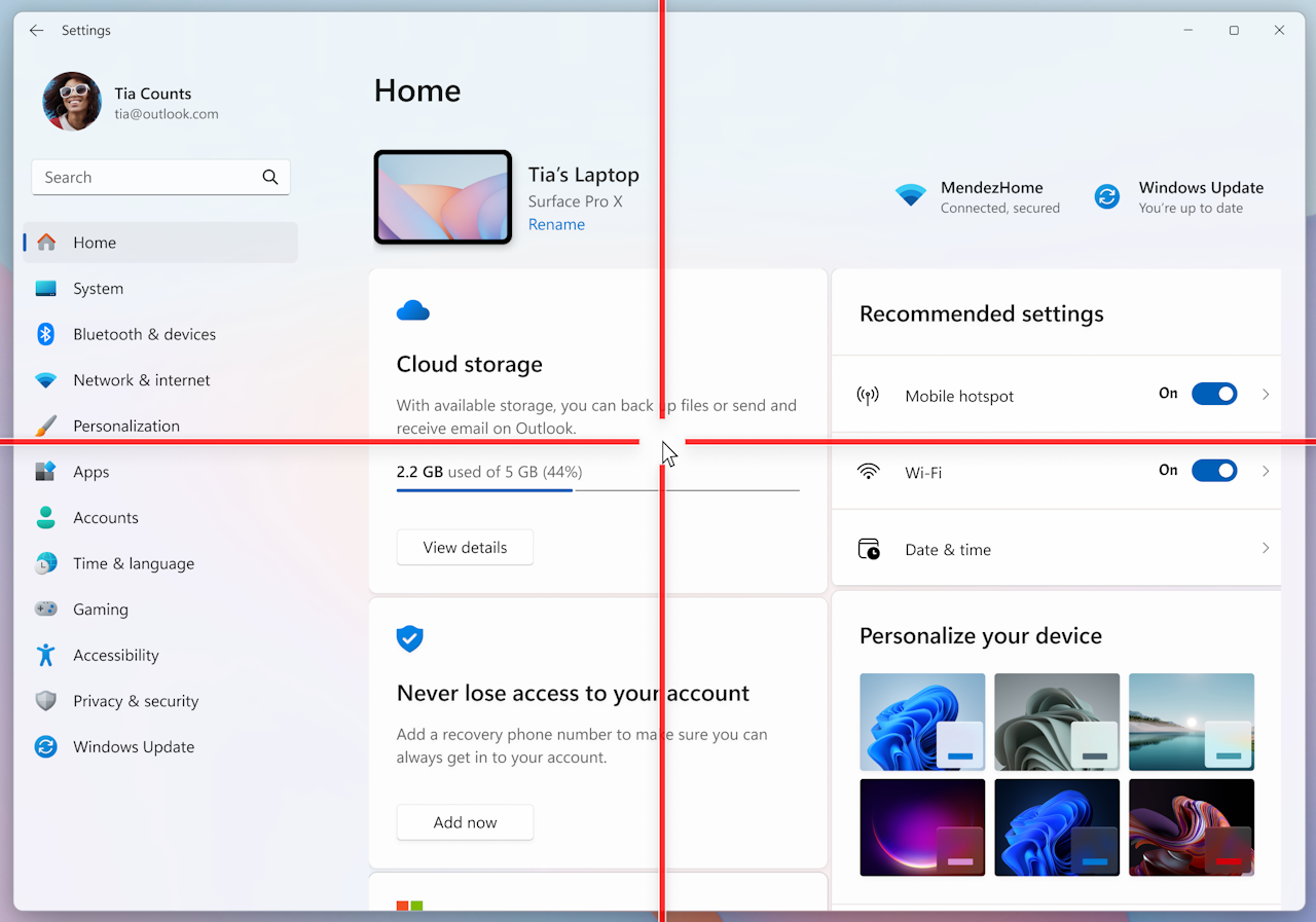 ［Windows］＋［Shift］＋［Ctrl］＋［X］キーを押すとスクリーンに縦・横のインジケーターが現れ、その交差点にマウスポインターがあることが示される。編集部ではショートカットキーが機能しなかったが、製品版までには修正されるだろう
