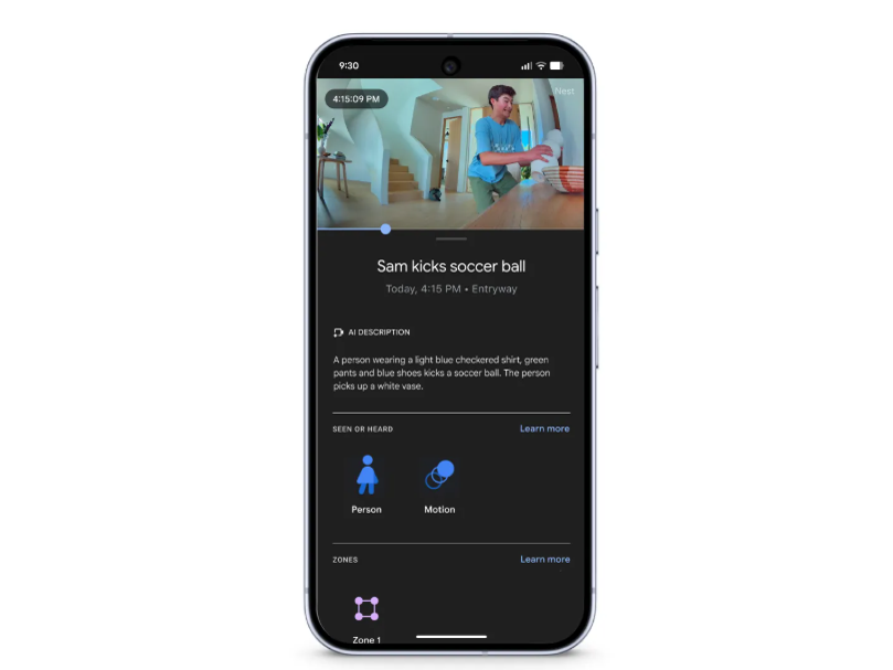 カメラ映像の通知や履歴に、AIによる具体的な説明が表示される