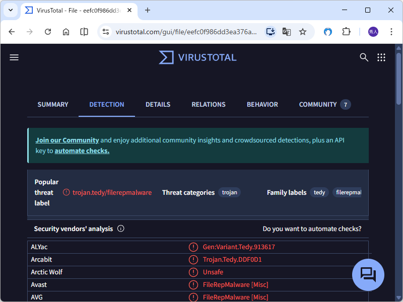 「virustotal.com」で不審なインストーラーをチェックした様子。72ソフト中28ソフトでマルウェア判定