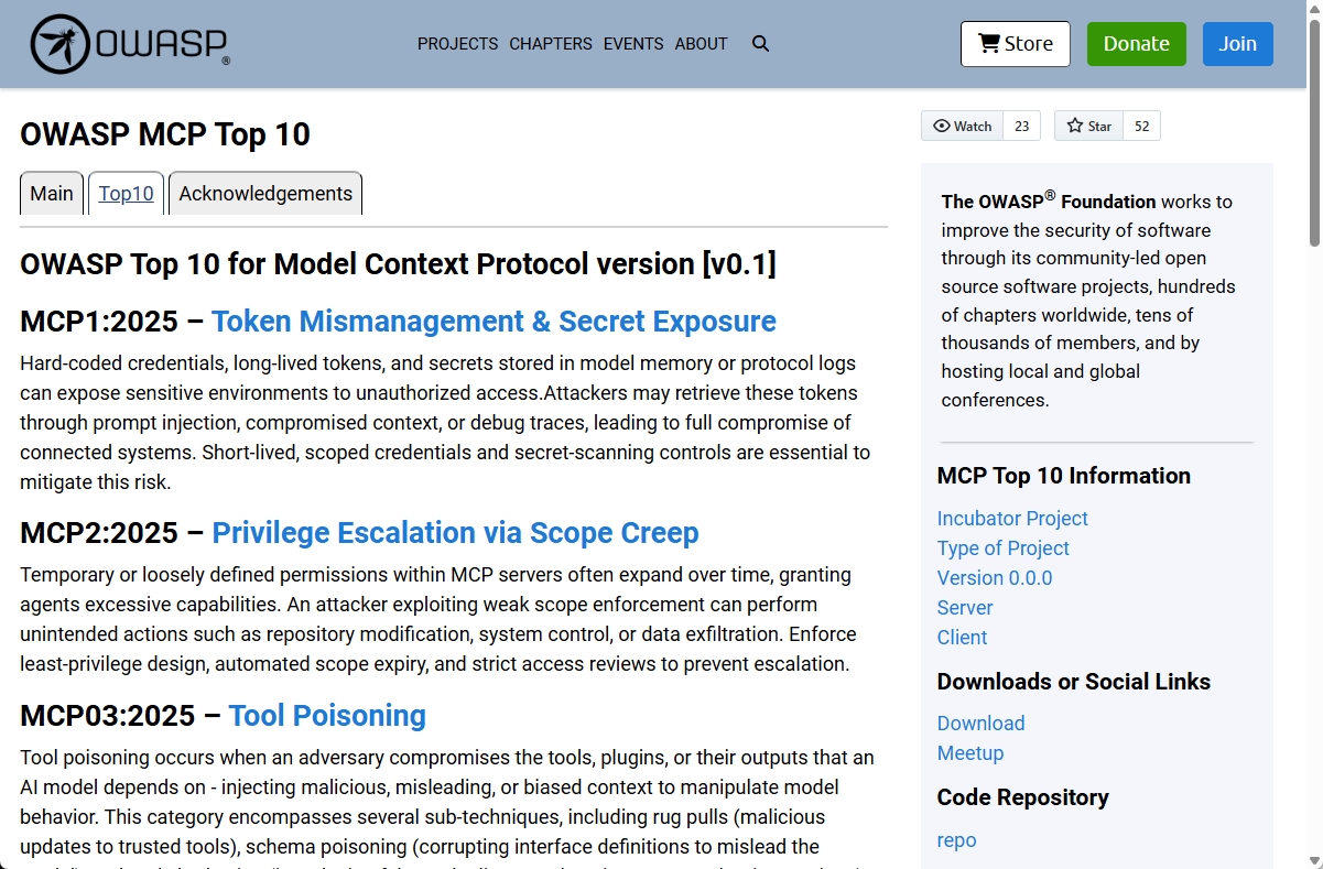 <a href="https://owasp.org/www-project-mcp-top-10/" class="n" target="_blank">OWASPのWebサイト</a>ではMCP特有の「10大リスク」がまとめられている