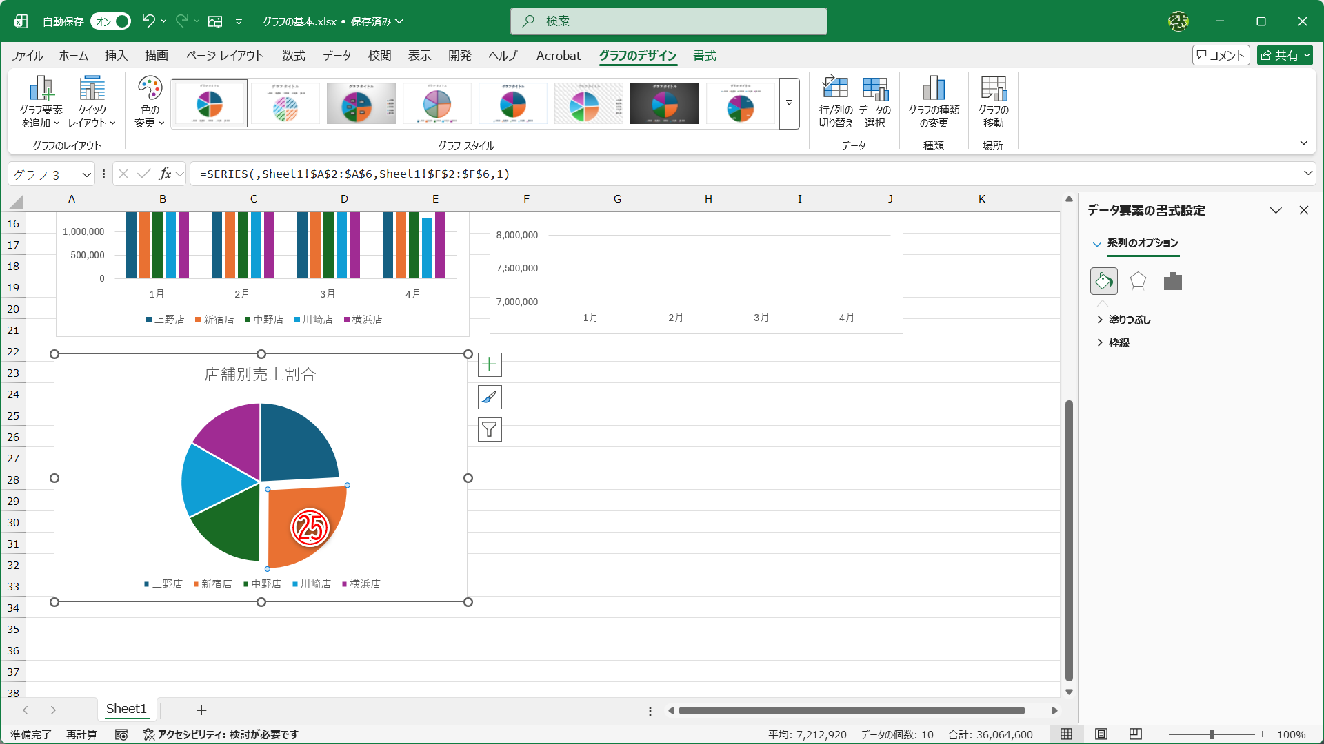 円グラフ内の一部をクリックして選択してからドラッグして切り離すこともできます（㉕）