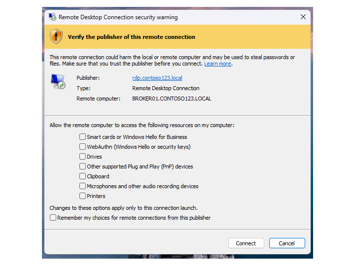 RDPファイルがデジタル署名されていれば、警告ヘッダーは従来通り黄色のままだ。この場合でも発行元のチェックは怠らないように