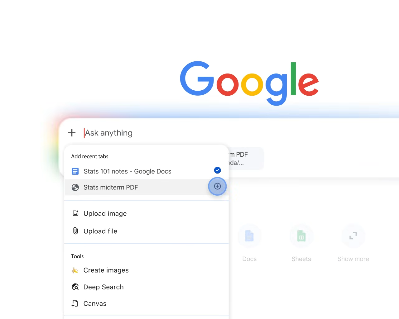 ［+］メニューで最近開いたタブや画像、ドキュメントなどを「AI モード」に追加できるように