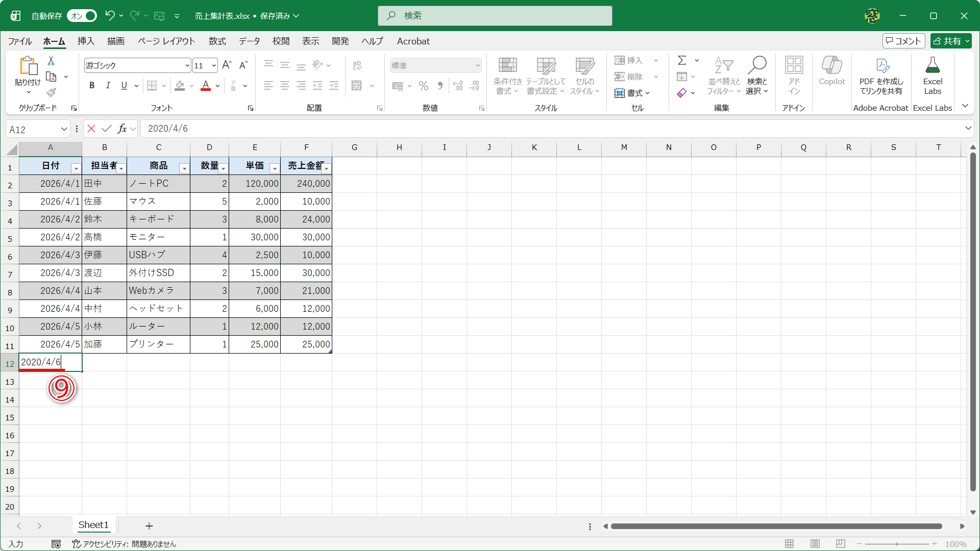 テーブルの最終行のすぐ下の行にデータを追加します（⑨）