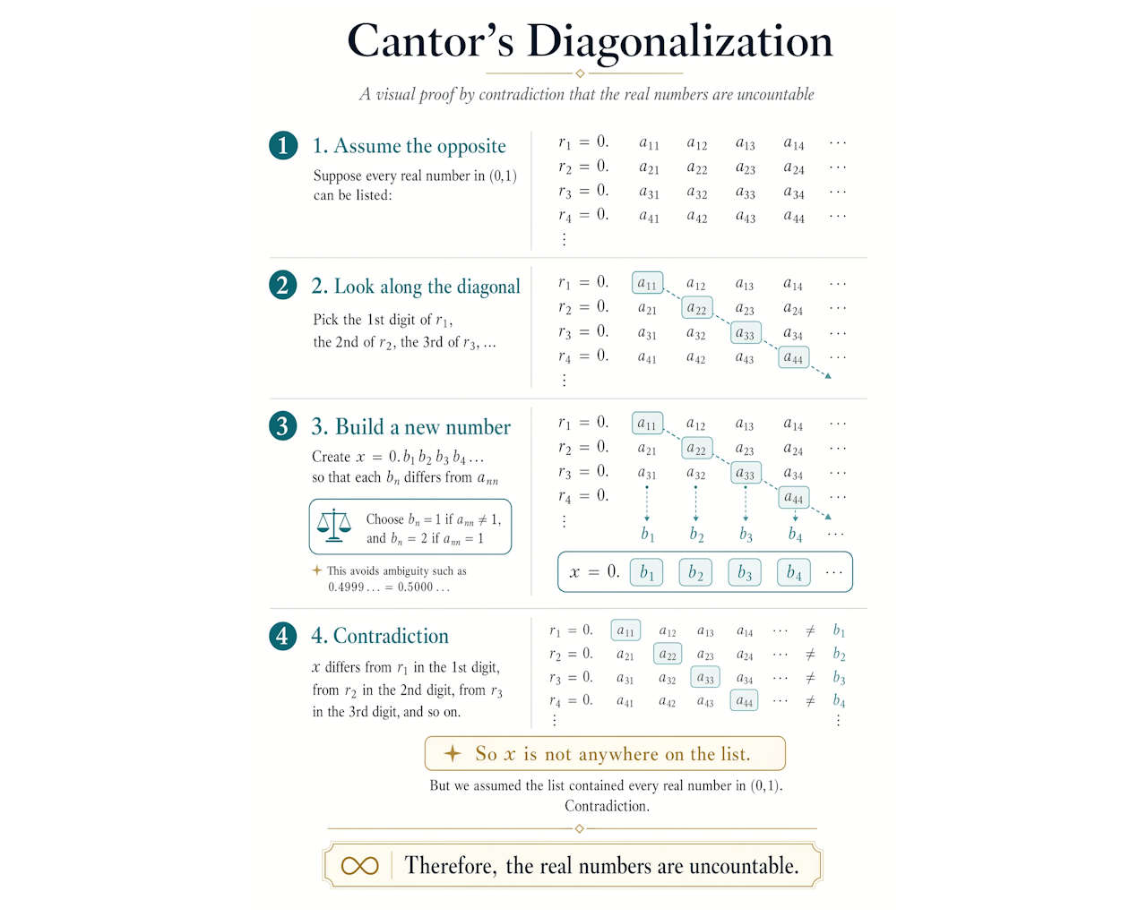 カントールの対角線論法の証明をインフォグラフィックスに。非常に抽象的な数学の証明を、視覚的に分かりやすい図として生成できるほど高度な思考能力があるという一例