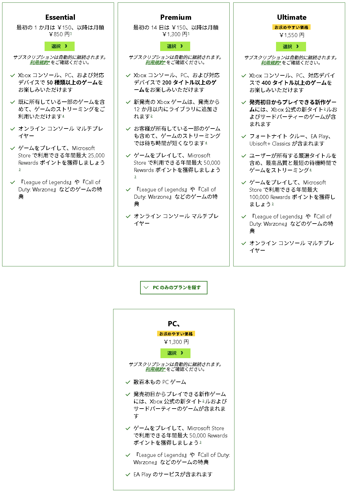 「Xbox Game Pass Ultimate」の説明を見ると、発売初日からプレイできる新作ゲームに対して注釈が付いている。同じ注釈は「PC Game Pass」にも付けられている