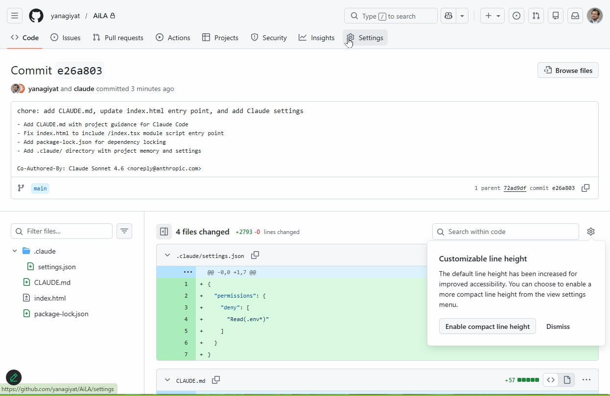 コミットメッセージを日本語化してGitHubで変更履歴を確認。緑色の行が今回追加された部分だ
