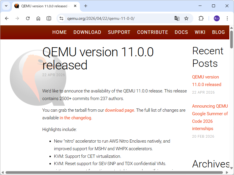 「QEMU 11.0」がリリース
