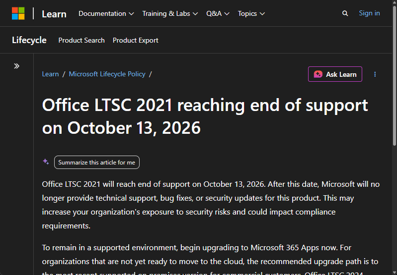 「Microsoft Office LTSC 2021」のEoSは2026年10月13日 ～Microsoftが注意喚起