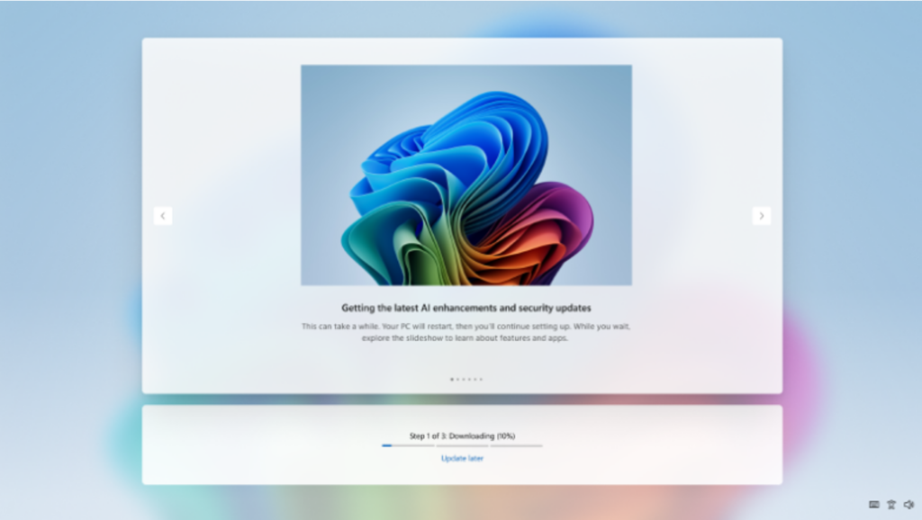OOBE（OSの初期セットアップ）。これまでは「Windows Update」のチェックと適用が必須で、長い時間待たされることがあった