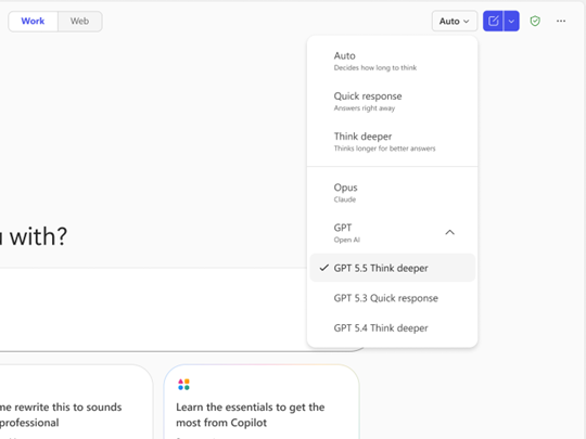モデルピッカーで「GPT-5.5 Thinking」を選べるようになる（アカウントでは「GPT-5.5 Reasoning」とされているが、スクリーンショットでは「GPT-5.5 Think deeper」となっている）