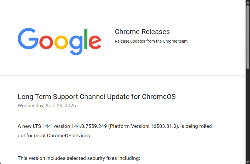 ChromeOSのLTSチャネルに更新版 ～深刻度「Critical」を含む4件の脆弱性に対処